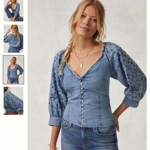 Anthropologie Pilcro Embroidered Chambray Blouse